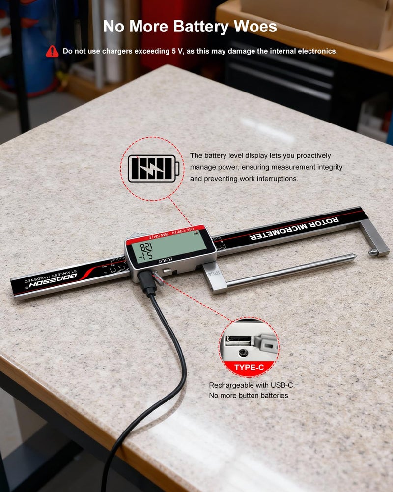 GODESON Brake Rotor Gauge, Rechargeable Digital Caliper 3.25-Inch ±0.03mm Accuracy, Stainless Steel Body, Large LCD Display with Hold, mm/inch/F Units, IP54, Measures Discs Without Removing Wheels - Image 2